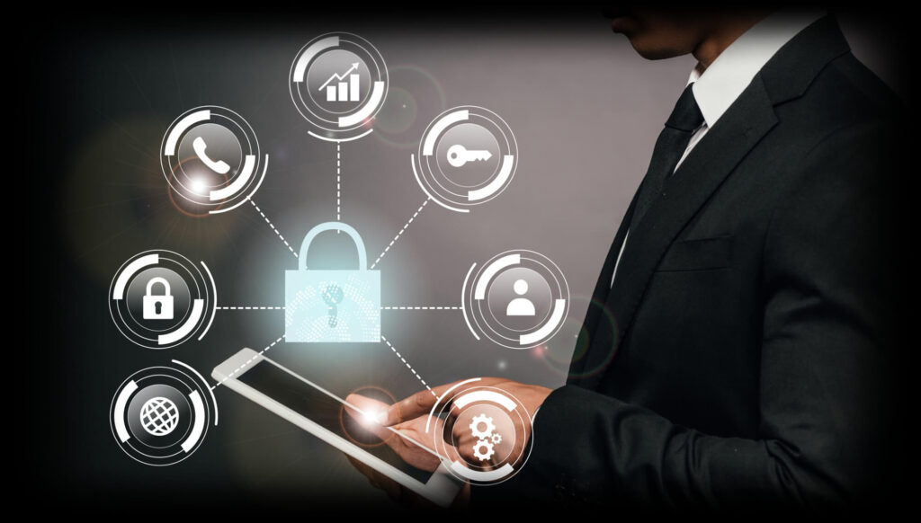 man holding tablet with illuminated security symbols
